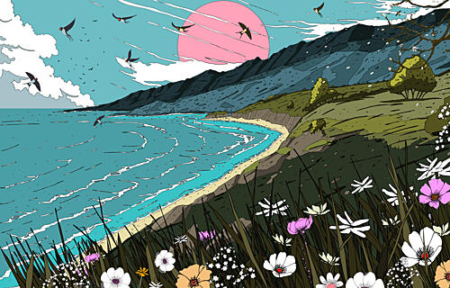 Coastal Bloom with Birds Art Print