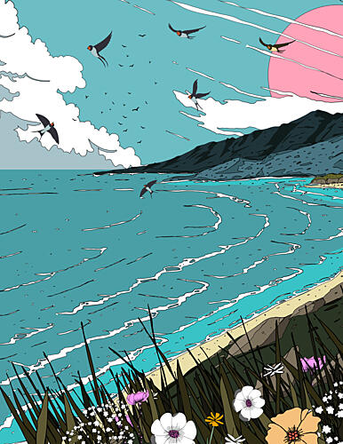 Swallows over Turquoise Sea Art Print