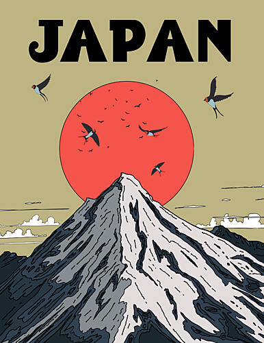 Mount Fuji Red Sun Swallows Art Print