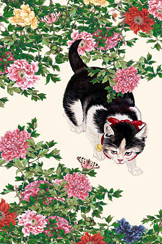 Curious Cat Peonies Art Print