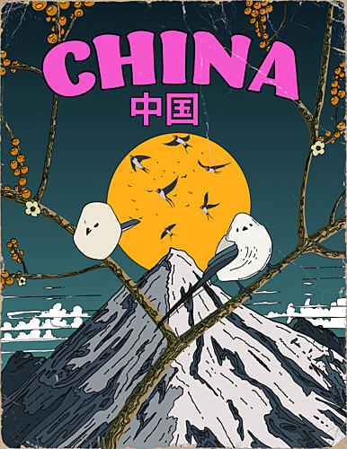 Asian Birds Mountain Serenity Art Print