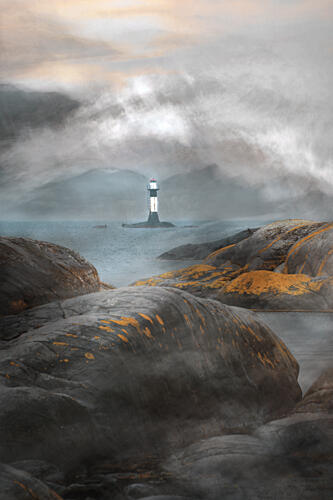 Misty Lighthouse Shore Art Print