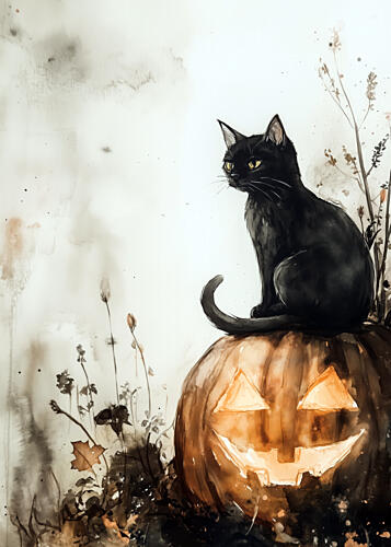 Balck Cat and Pumpkin Halloween Scene 2 Art Print
