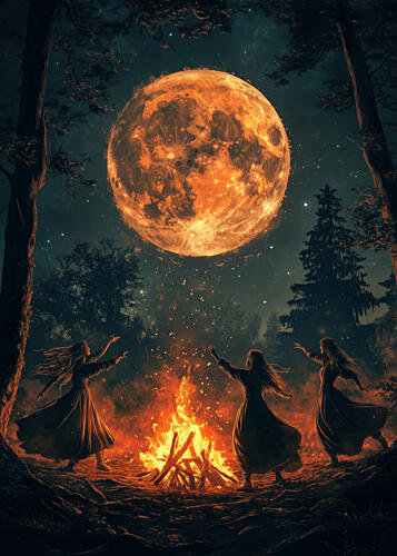 Dancing Witches Full Moon Art Print