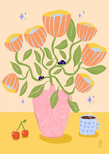 Whimsical Flowers and Cherries Art Print