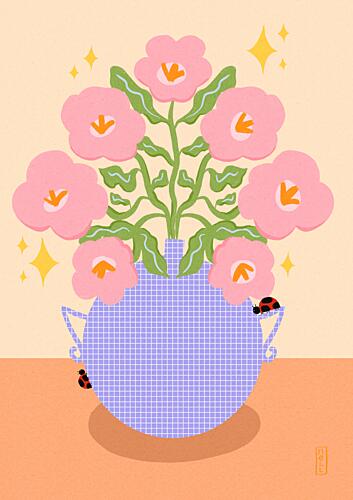 Pink Blooms and Ladybugs Art Print