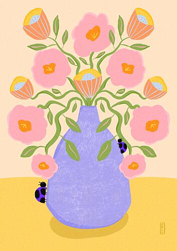 Pink Flowers Ladybugs Art Print