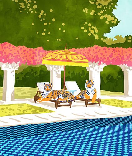 Luxurious Poolside Tigers Art Print