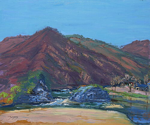 Serene Mountain Beach Art Print