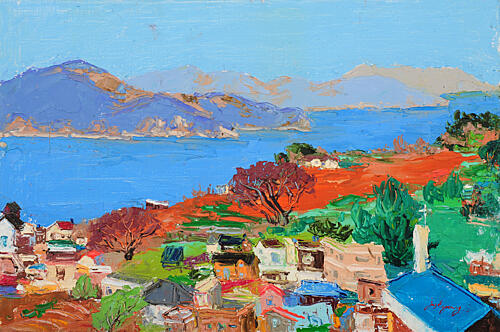 Vibrant Coastal Village Art Print