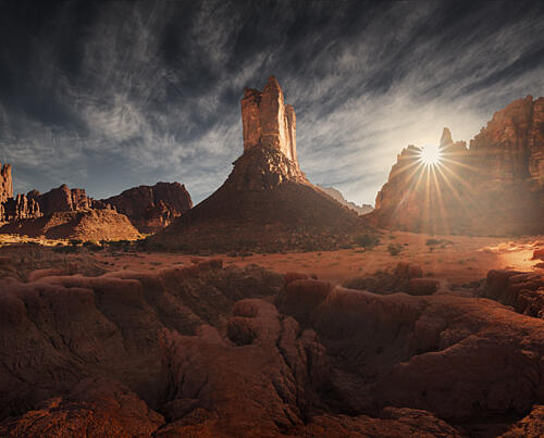 Towering Desert Sunburst Art Print by Baldea Victor-Emilian