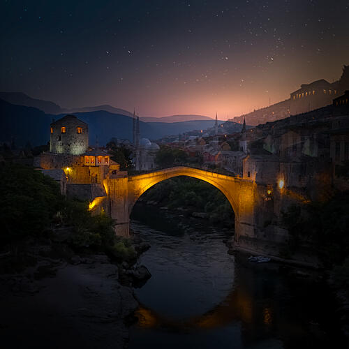 Mostar Bridge Starry Night Art Print