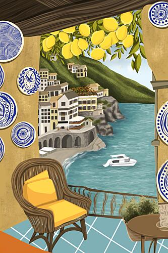 Lemons Coastal Village View Art Print by Tisha Joggiwala