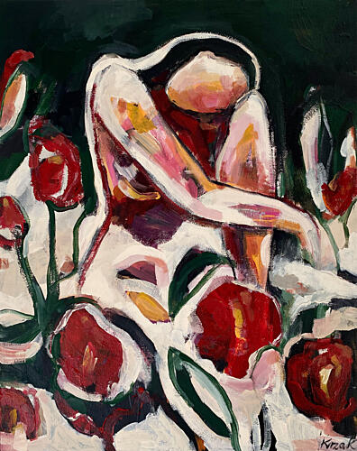 Woman Among Red Flowers Art Print by Magdalena Krzak