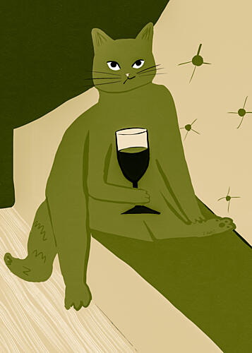 Green Cat with Wine Art Print