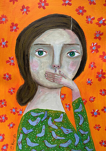 Quiet Woman Green Birds Art Print