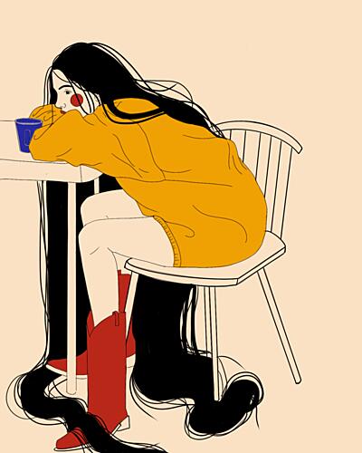 Pensive Woman Long Hair Art Print by Juliana Kokolari