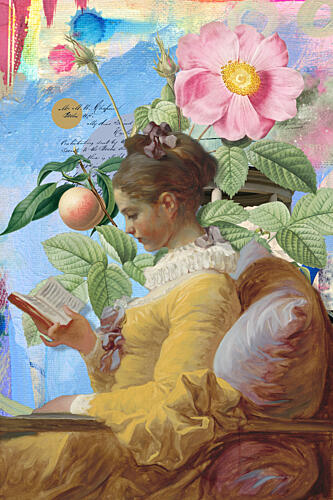 Girl Reading Garden Rose Art Print