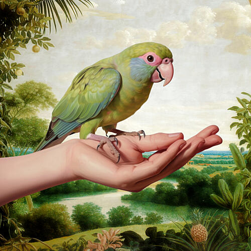 Green Parrot on Hand Art Print
