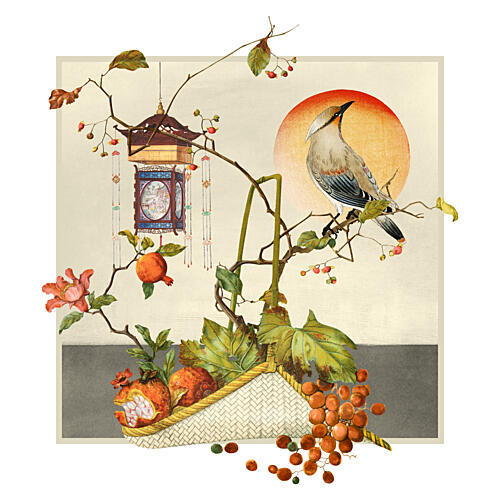 Japanese Bird and Harvest Still Life Print