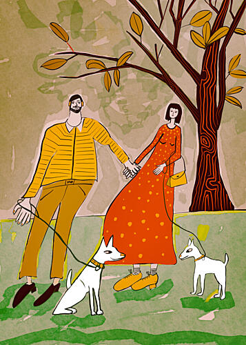 Couple and Dogs Walking Art Print