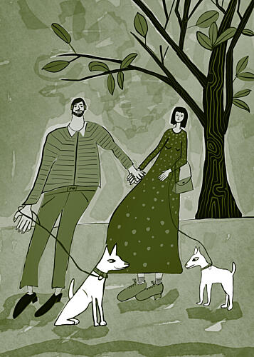Couple Walking Dogs Art Print