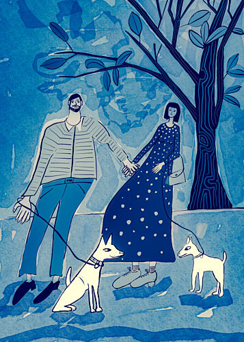 Couple Walking Dogs Art Print