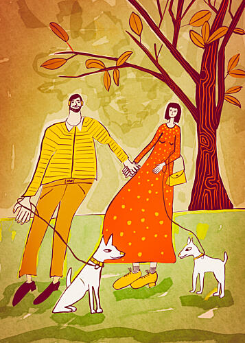 Couple Walking Dogs Art Print