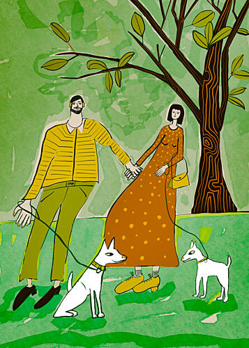 Couple Walking Dogs Art Print