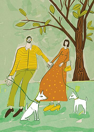 Couple Walking Their Dogs Art Print