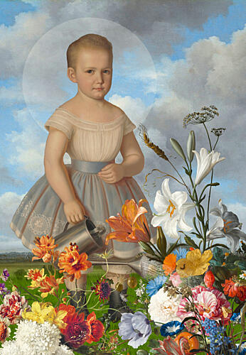 Innocent Child Watering Flowers Art Print