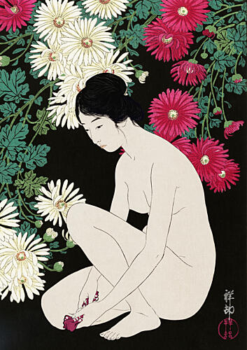Woman Among Chrysanthemums Art Print