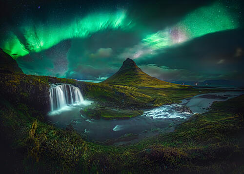 Aurora over Kirkjufell Falls Art Print