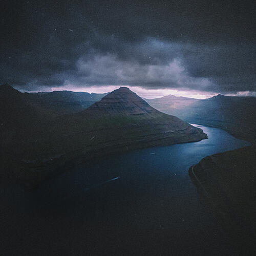 Twilight Mountain Fjord Art Print by Larry Deng Apa