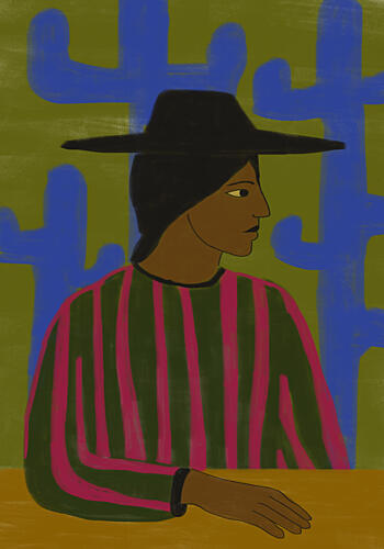 Southwestern Woman with Blue Cactus Art Print