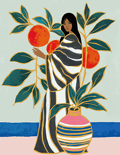 Woman Among Oranges Art Print