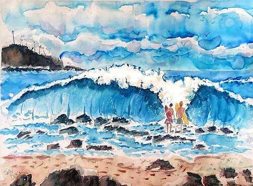 Big Wave Beach Surfers Art Print
