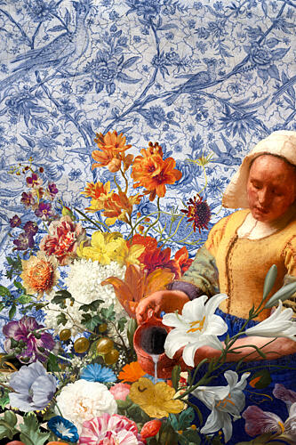 Woman Watering Blue Garden Art Print