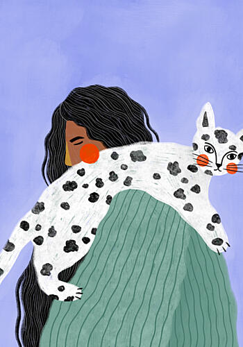 Woman and Spotted Cat Art Print by Bea Muller