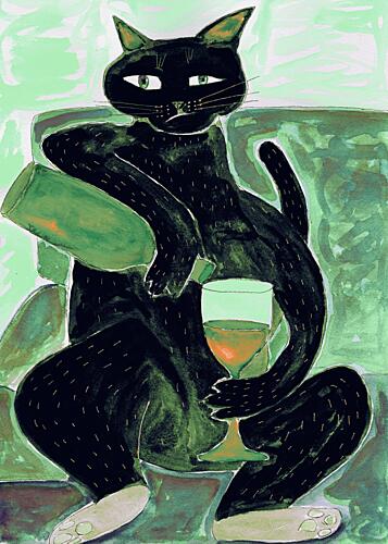 Black Cat Pours Wine Art Print