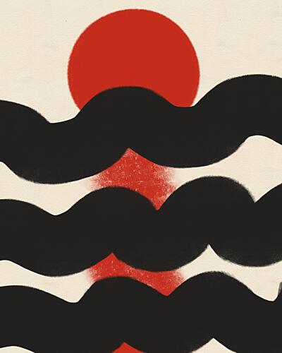 Red Sun Black Waves Art Print by Deepthi S