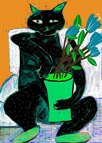 Whimsical Black Cat Plant Art Print