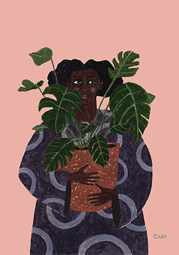 Woman Holding Monstera Plant Art Print