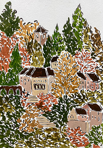 Autumn Hillside Village Art Print