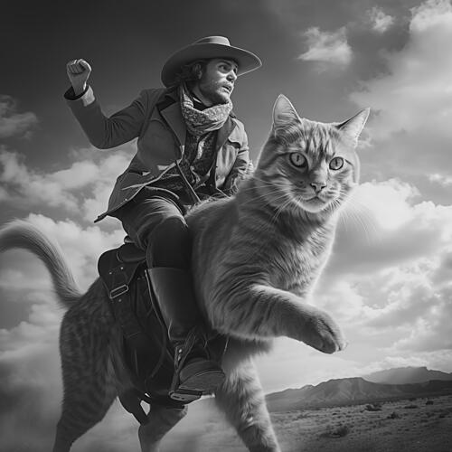 Cowboy Rides Giant Cat Art Print