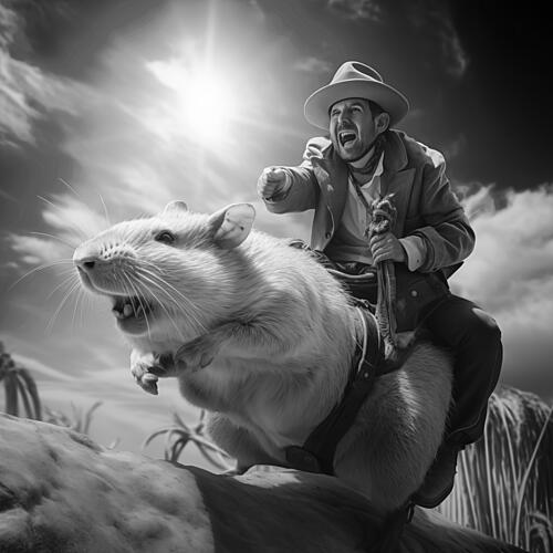 Man Rides Giant Rat Art Print