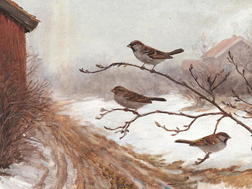 Winter Barn Sparrows Art Print by Jolly and Dash