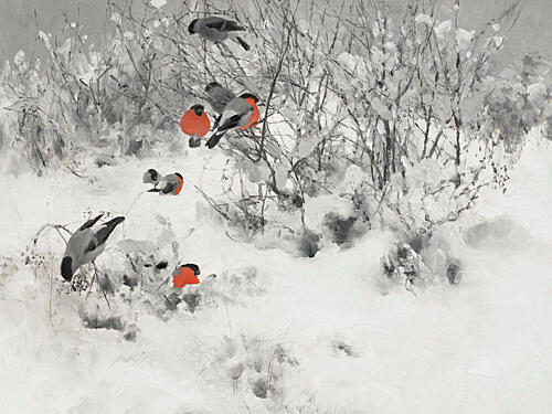 Red Bullfinches in Snow Art Print by Jolly and Dash