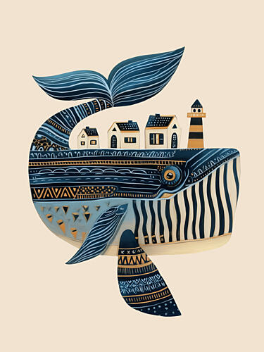 Whimsical Whale Village Gold Print