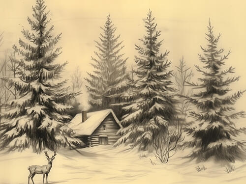 Peaceful Winter Cabin Deer Art Print by Jolly and Dash
